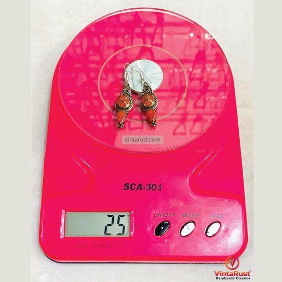 Handmade Nepalese Coral Earrings, Vintage Style Nepalese Earrings, Bohemian Drop - Picture 5 of 5